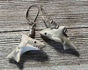 Grinning Shark Earrings: Hand-painted Ceramic Lever Back Jewelry