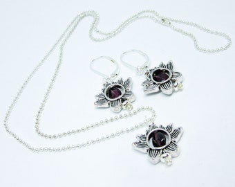 Lotus Flower Zen Jewelry set  - Silver Lotus Earrings, Garnet Stone Pendant, Turquoise Silver Lotus Charm, Ball Chain Necklace,