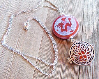 DRAGON & PEACOCK Etched Carnelian Jewelry - essential oil locket, aromatherapy essential oils diffuser necklace, lotus transforming power