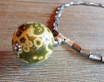 Ocean Jasper Necklace - Orb Artisan Design Jewelry, Orbicular Jasper Pendant in Yellow and Khaki Tones, Minimalist Statement Necklace