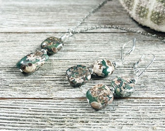 Rainforest Rhyolite Jewelry Set: Sterling Silver Artisan Necklace & Earrings