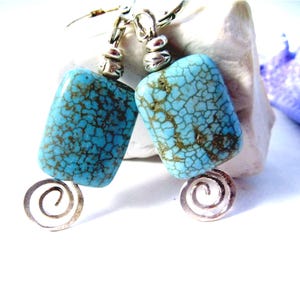 Bold Turquoise and Silver Swirl Earrings with Khaki Crackle Howlite - Handmade Women&#39;s Jewelry Gift for Her