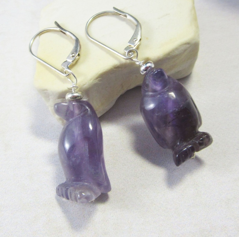 Penguin necklace, amethyst jewelry, purple penguin earrings, funny gift for her, carved stone animal earrings