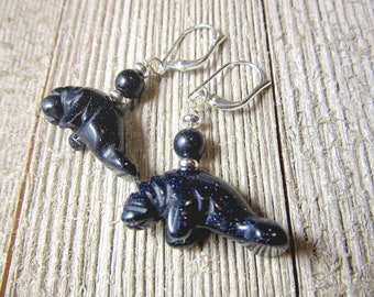 MANATEE EARRINGS - ARTISAN Jewelry,Sparkly carved animals, Lever Back Earrings, Women Jewelry, Handmade Earrings, Gift for Beach