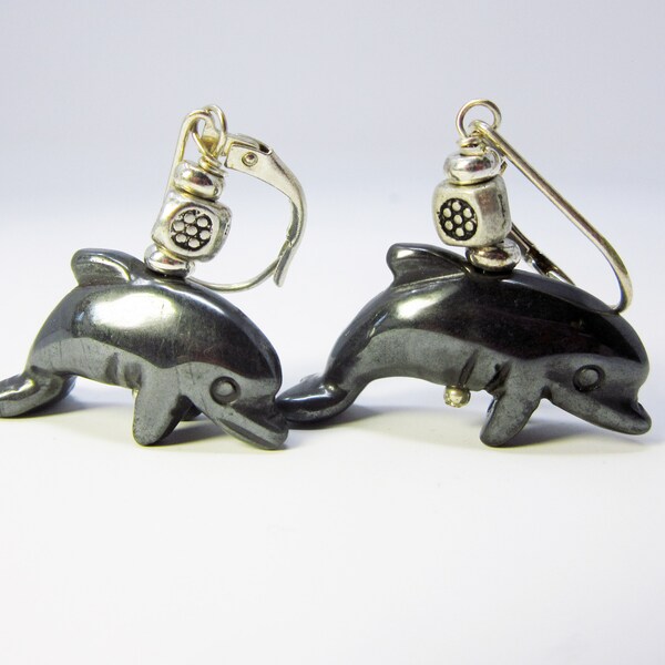 DOLPHIN EARRINGS HEMATITE - Dolphin Lover Gift for woman, Hematite Earrings, Ocean themed jewelry, Animal lover jewelry