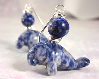 MANATEE BLUE EARRING - Earlobe Earrings - Carved Stone Earring - Beach Lover Jewelry - Lever Back Earrings - Cute Animal Earrings