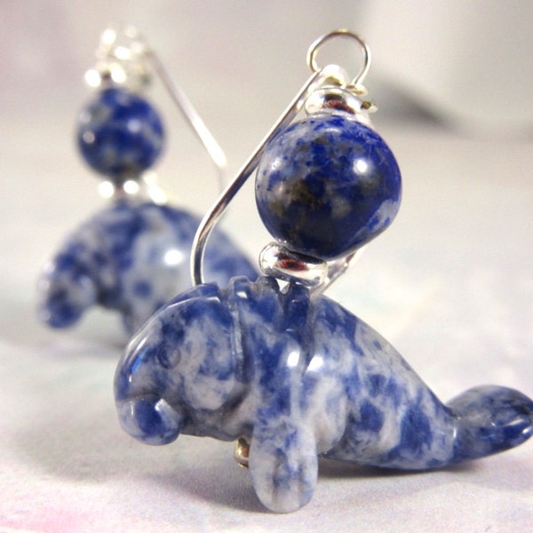 MANATEE EARRING - Blue sodalite Earlobe Earrings - Carved Stone Earring - Beach Lover Jewelry - Lever Back Earrings - Cute Animal Earrings