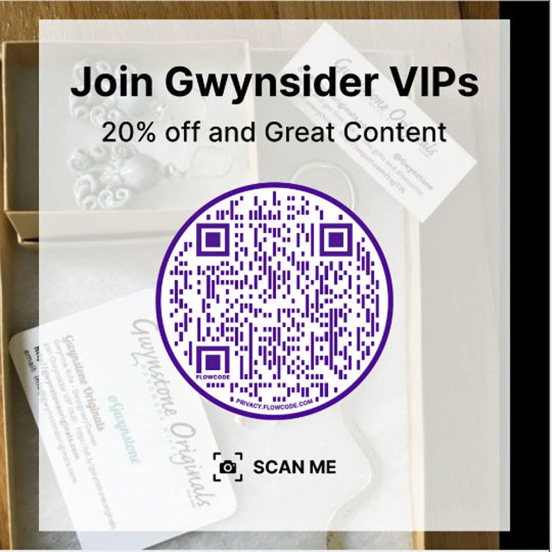 May include: A purple and white QR code with the text "SCAN ME" below it. The QR code is surrounded by a white circle. The text "Join Gwynsider VIPs 20% off and Great Content" is at the top of the image.