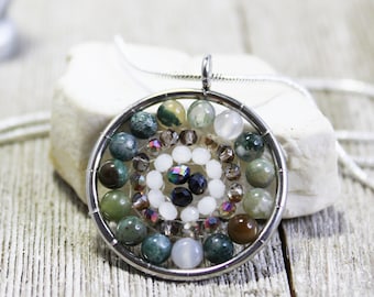 MANDALA PENDANT necklace - Faceted Stone Jewelry Gift, fancy jasper stone pendant, aurora borealis crystals, zen jewelry, medalion