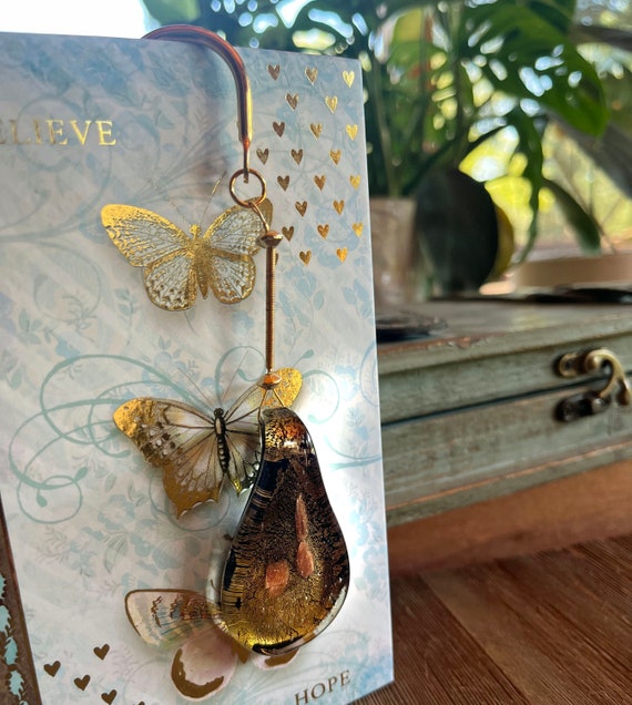 Art Glass Hook Bookmark: Gold & Brown Elegant Reader Gift