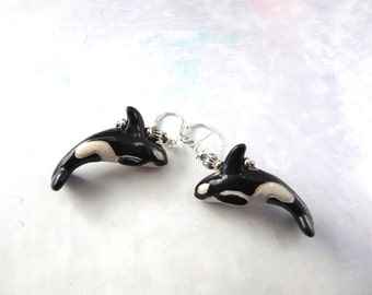 KILLER WHALE EARRING - Hand Painted Earrings, Ocean Themed Gift, Cute Animal Earrings, Ceramic Orca Jewelry