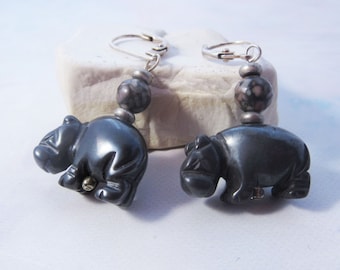 Hippo earrings, hematite carved hippopotami, earrings hippopotamus jewelry, stone animal earring