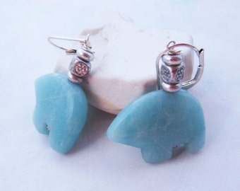 ZUNI BEAR EARRINGS - Amazonite Earrings - Bear Totem Jewelry - Earlobe Earrings - Blue Stone Earrings - Bead Accent Earrings