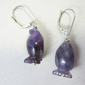 Penguin necklace, amethyst jewelry, purple penguin earrings, funny gift for her, carved stone animal image 3