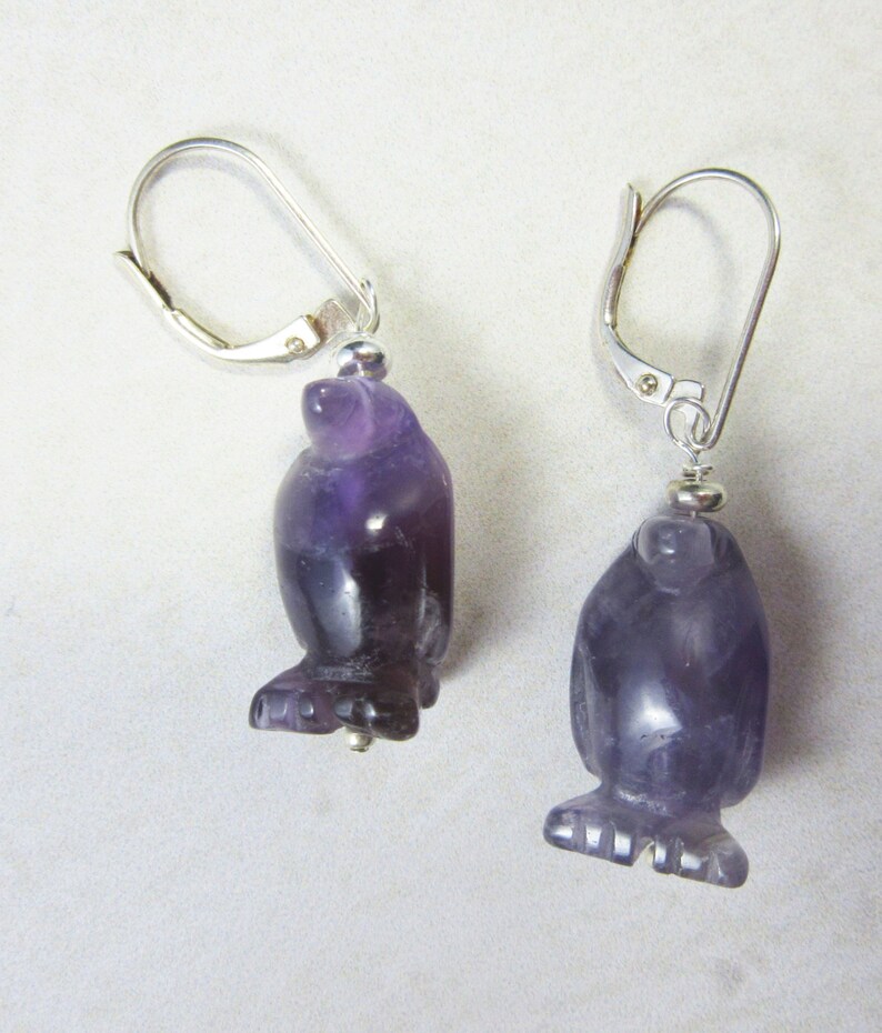 Penguin necklace, amethyst jewelry, purple penguin earrings, funny gift for her, carved stone animal image 3