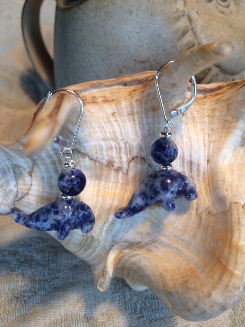 MANATEE BLUE EARRING Earlobe Earrings Carved Stone Earring - Etsy