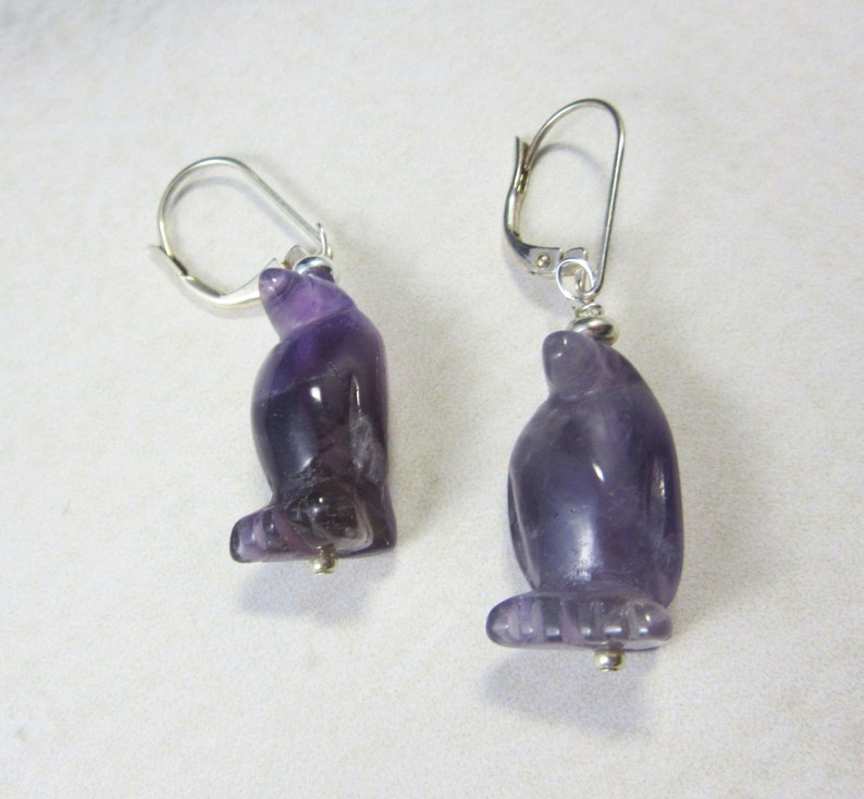Penguin necklace, amethyst jewelry, purple penguin earrings, funny gift for her, carved stone animal image 6