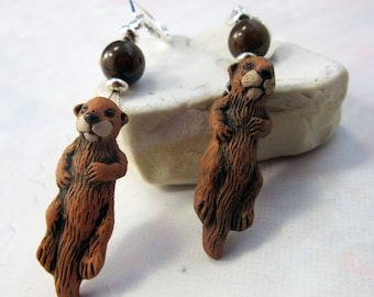 OTTER EARRINGS - Sea Otter Jewelry, hand painted cute animal, You otter sea these earrings with abalone topper bead