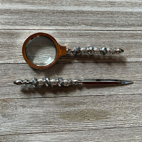 Handmade Silver Desk Set: Magnifying Glass and Letter Opener with Faceted Bead Handles