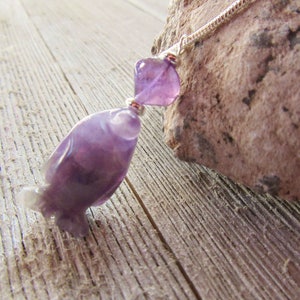 Penguin necklace, amethyst jewelry, purple penguin earrings, funny gift for her, carved stone animal image 4