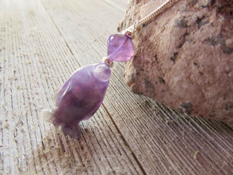 Penguin necklace, amethyst jewelry, purple penguin earrings, funny gift for her, carved stone animal image 4