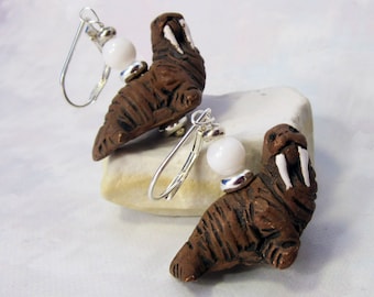 CUTE WALRUS EARRINGS - Lever Back Earrings - Walrus Lover Gift - Ceramic Earrings - Earlobe Earrings - Women Jewelry - Silver Tone Earrings