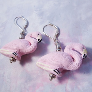 Tropical Flamingo Drop Earrings - Funny Pink Bird Jewelry for Beach Party Wear - Handmade Ceramic Animal Earrings - Sterling Silver Hooks