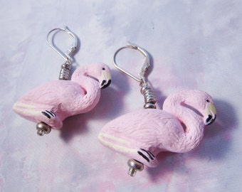 Hand Painted Ceramic Flamingo Earrings: Sterling Silver Hooks, Tropical Jewelry Funkhy Earrings for Fun