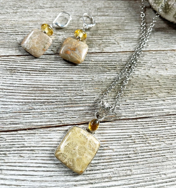Fossil Coral Jewelry Set: Topaz, Sterling Silver Earrings, 24" Necklace
