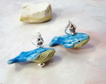 BLUE WHALE EARRINGS, ocean themed gift, hand painted whale animal jewelry, whale lover gift, cute animal earrings, sea themed dangle earring