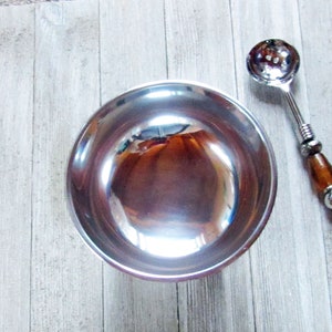 Bowl set, Stainless steel bowl, peach art glass legs, slotted spoon, matching spoon, condiment bowl, dip bowl, serving bowl image 5