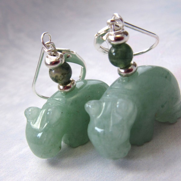 HIPPOPOTAMUS JEWELRY - hippo earrings, green aventurine carved stone, adventuring hippo earrings, carved animal earring