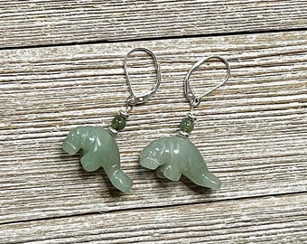 Green Aventurine Manatee Earrings: Handmade Sea Life Jewelry