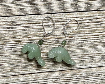 MANATEE EARRINGS - Aventurine Carved Stone Jewelry, Green Drop Earrings Manatee Jewelry.  Gift for Animal Lovers Ocean Theme