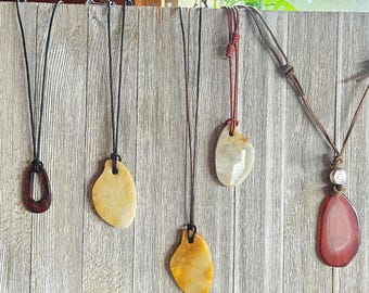 Bold Leather Necklace with Stone Pendant: Adjustable Cord Jewelry