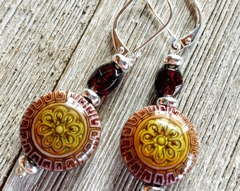 Granat Mandala Ohrringe und Halskette Set, Handwerker entworfen, Zen Stil, Stimmungsperle Boho Schmuck