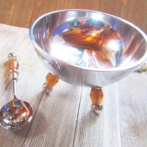 Bowl set, Stainless steel bowl, peach art glass legs, slotted spoon, matching spoon, condiment bowl, dip bowl, serving bowl image 1