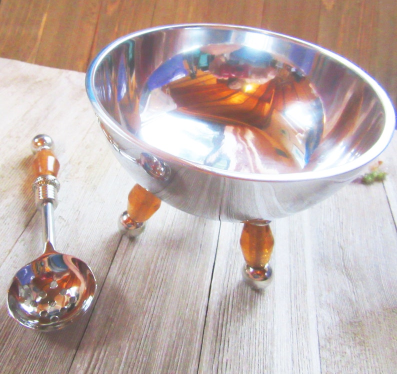 Bowl set, Stainless steel bowl, peach art glass legs, slotted spoon, matching spoon, condiment bowl, dip bowl, serving bowl image 1