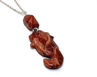 SEAHORSE TOTEM Jewelry - Red Jasper Sea horse Necklace, Unisex Necklace, Carved Animal Pendant, Aquarist Gift, Gift for Partner Good Fortune