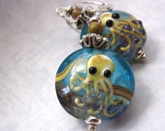 Octopus Lover Jewelry Gift - Octopus Lamp-worked Glass Earrings, Cute Gift for the Octopi Lover, Blue Art Glass Cephalopods, ocean aesthetic
