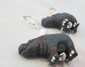 HIPPO EARRINGS - Cute Animal Earring, Funny Gift for Hippo Lover, Lever Back Earrings, Hand-painted Zoo Keeper Gift