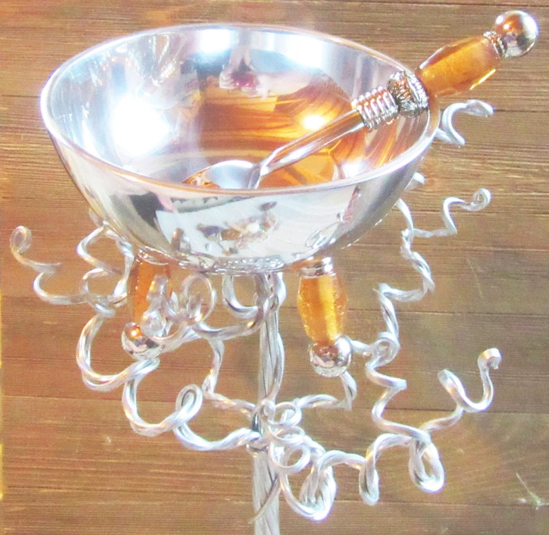 Bowl set, Stainless steel bowl, peach art glass legs, slotted spoon, matching spoon, condiment bowl, dip bowl, serving bowl image 8