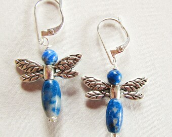 Dragonfly earrings - animal earrings - sodalite jewelry - blue dragonflies jewelry - carved stone earrings - woodland jewelry