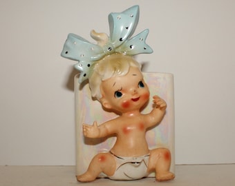 Vintage ESD Baby Floral Display Vase Planter Blue Bow Iridescent Container 80s