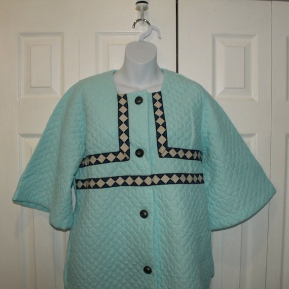 Vintage Blue Quilted Housecoat Dressing Gown Butto