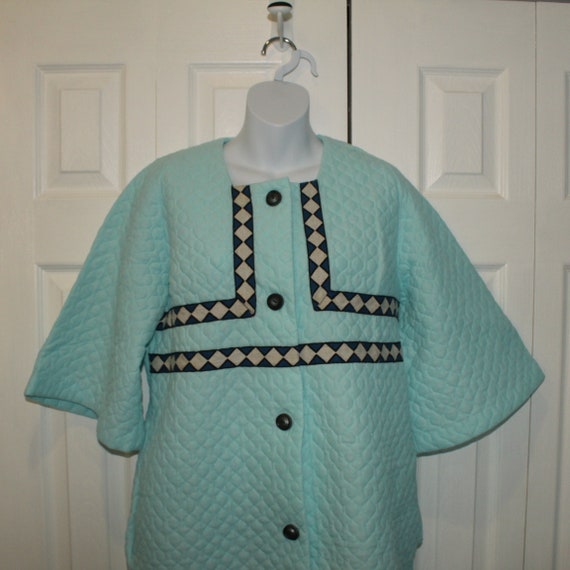 Vintage Blue Quilted Housecoat Dressing Gown Butt… - image 1