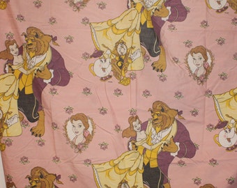 Vintage 90s Disney Beauty and the Beast Pink Twin Fitted Sheet Fabric Cutter Craft