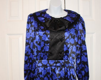 Albert Nipon Executive Dress Blue Black Floral Vintage Secretary 1980s 6