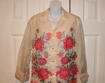 Vintage 60s Alfred Shaheen Master Printer Peach Silver Floral Print Shirt Dress