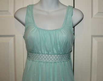Vintage Light Blue Cage Waist Accent Long Night Gown Negligee 1960s